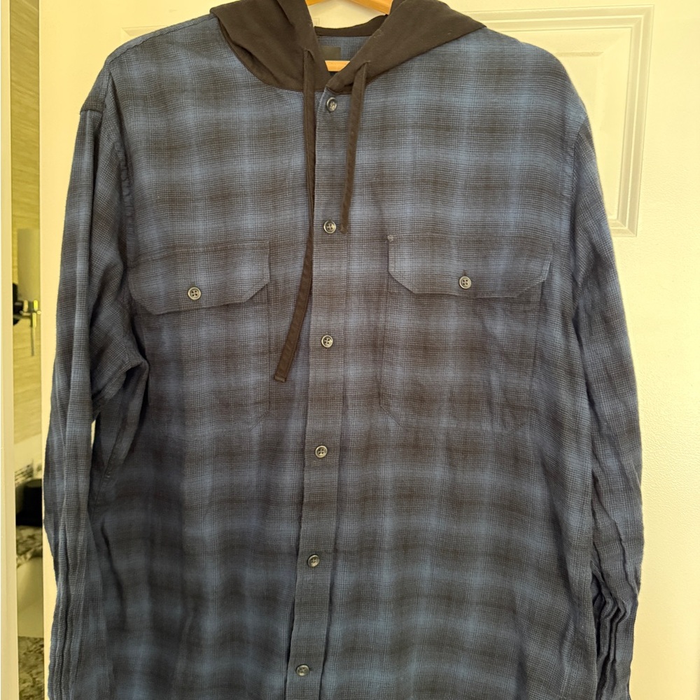 Vince Navy Plaid Hooded Button Down Shirt
